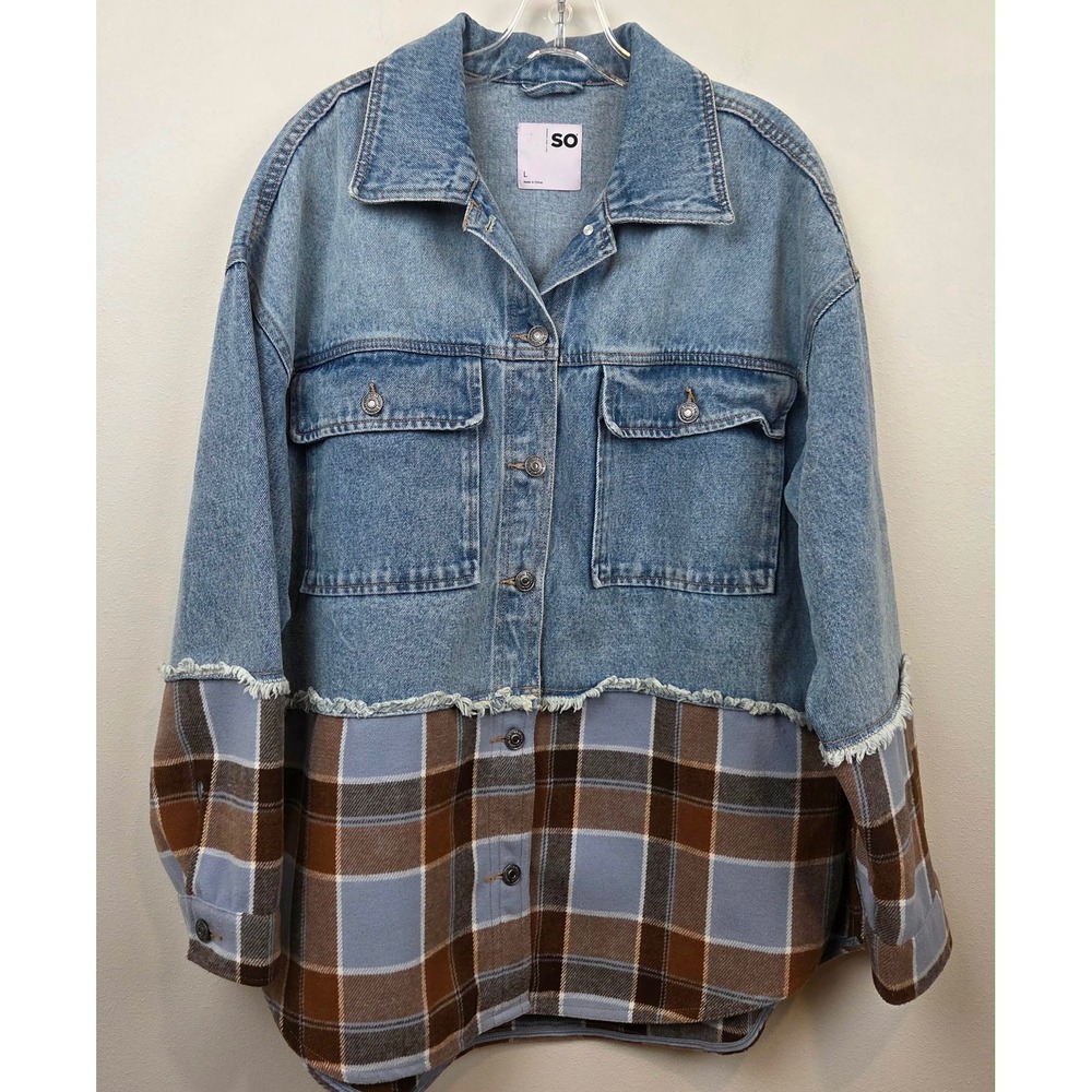 SO Denim Plaid Mixed Media Hybrid Jean Jacket Shacket Boho Size Large